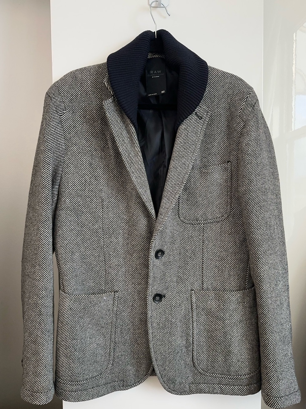 G-Star Men's Gray Herringbone Jacket with Navy Shawl Collar wool blend